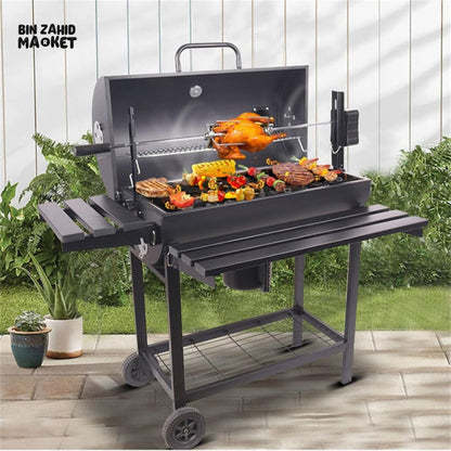 CHARCOAL BBQ GRILL WITH AUTO ROTATING ROD 2 FOLDABLE TABLES STORAGE SHELF OUTDOOR BARBECUE STAND