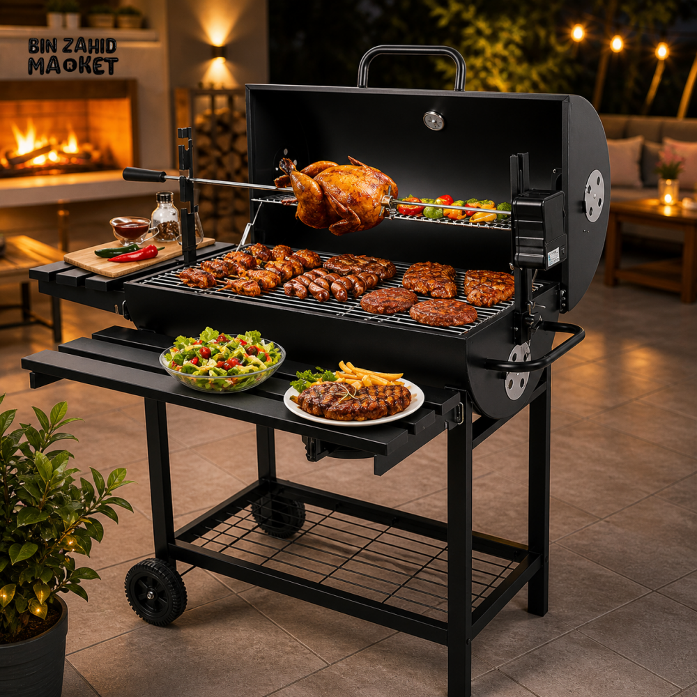 CHARCOAL BBQ GRILL WITH AUTO ROTATING ROD 2 FOLDABLE TABLES STORAGE SHELF OUTDOOR BARBECUE STAND