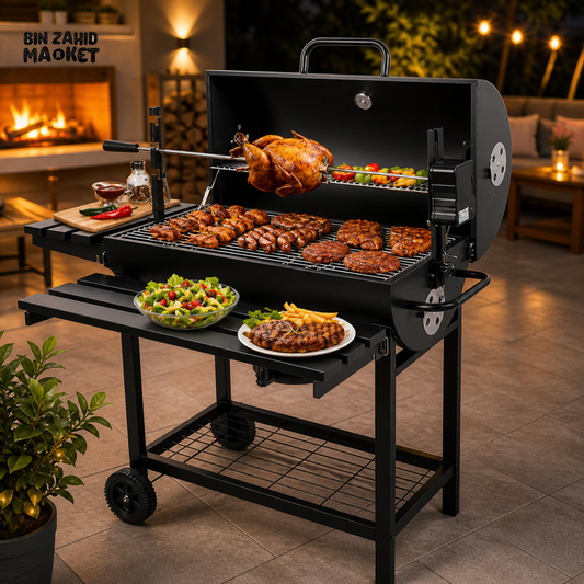 CHARCOAL BBQ GRILL WITH AUTO ROTATING ROD 2 FOLDABLE TABLES STORAGE SHELF OUTDOOR BARBECUE STAND