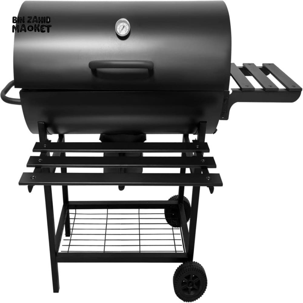 CHARCOAL BBQ GRILL WITH AUTO ROTATING ROD 2 FOLDABLE TABLES STORAGE SHELF OUTDOOR BARBECUE STAND
