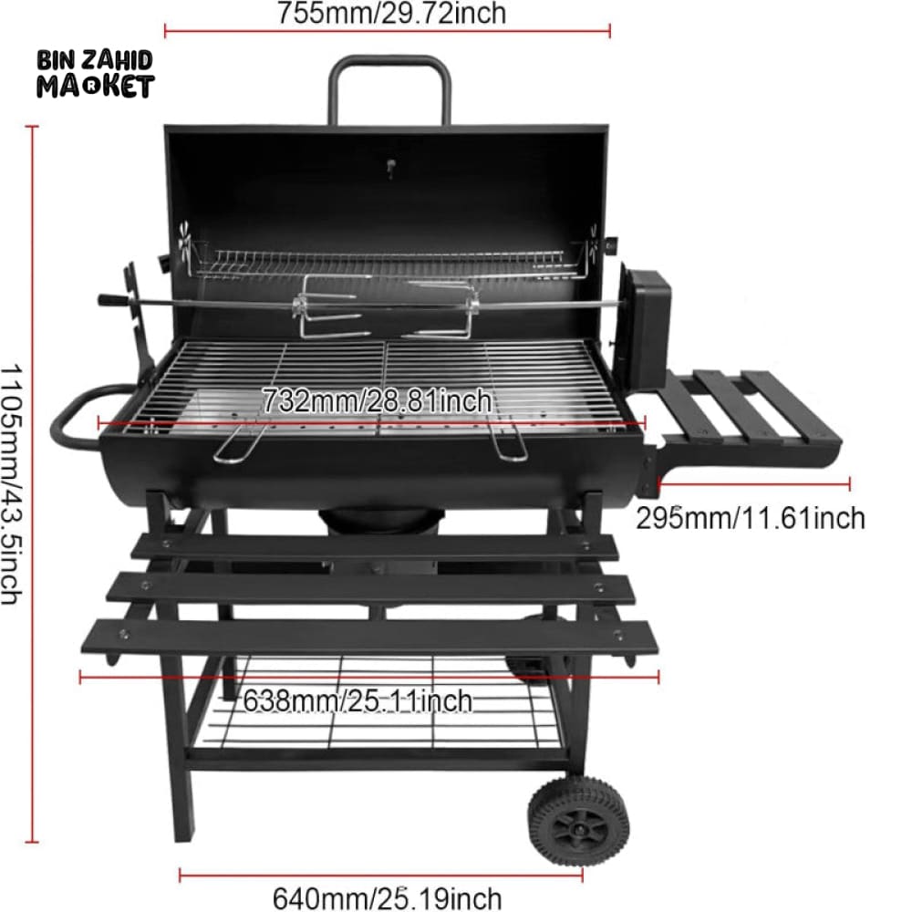 CHARCOAL BBQ GRILL WITH AUTO ROTATING ROD 2 FOLDABLE TABLES STORAGE SHELF OUTDOOR BARBECUE STAND