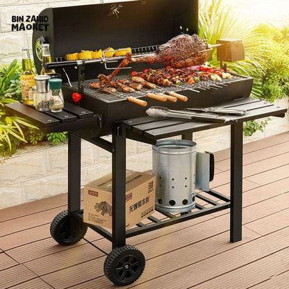 CHARCOAL BBQ GRILL WITH ROTATABLE ROD THERMOMETER SIDE TABLE WHEELS OUTDOOR BARBECUE GRILL