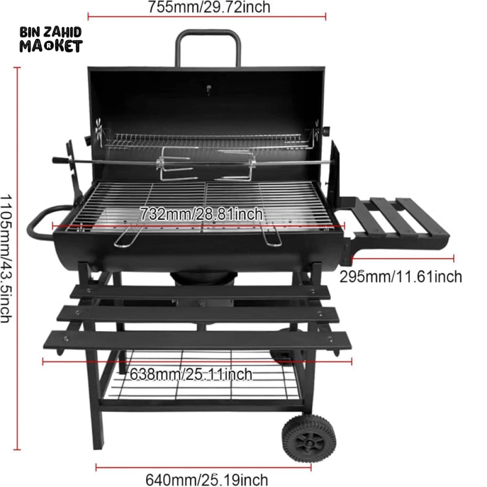 CHARCOAL BBQ GRILL WITH ROTATABLE ROD THERMOMETER SIDE TABLE WHEELS OUTDOOR BARBECUE GRILL