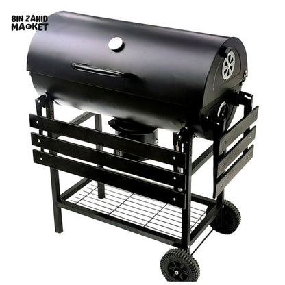 CHARCOAL BBQ GRILL WITH ROTATABLE ROD THERMOMETER SIDE TABLE WHEELS OUTDOOR BARBECUE GRILL