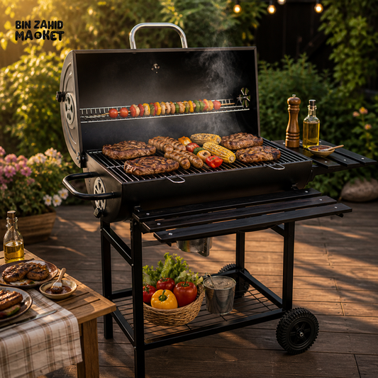 CHARCOAL BBQ GRILL WITH ROTATABLE ROD THERMOMETER SIDE TABLE WHEELS OUTDOOR BARBECUE GRILL