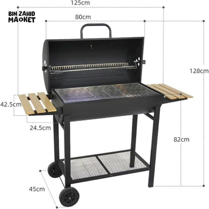 CHARCOAL DRUM BBQ GRILL WITH SIDE TABLES & WHEELS