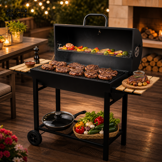 CHARCOAL DRUM BBQ GRILL WITH SIDE TABLES & WHEELS
