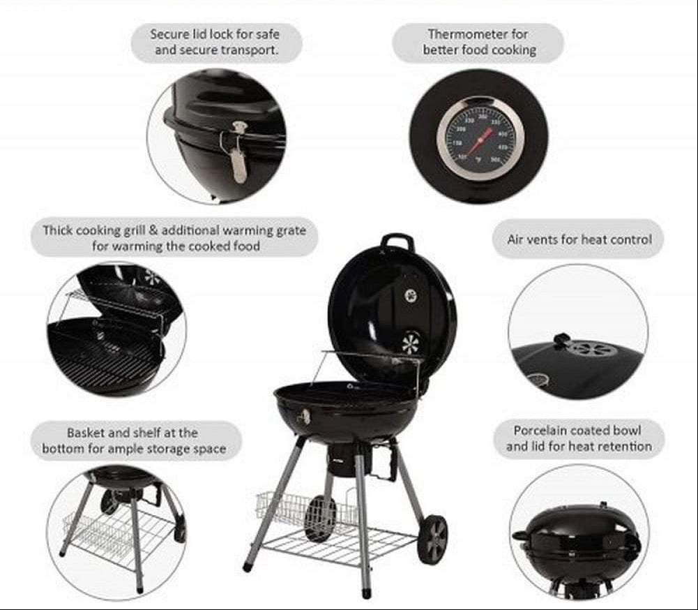 CHARCOAL KETTLE BBQ GRILL 22.5 INCH WITH LID PORTABLE OUTDOOR BBQ GRILL FOR PICNIC CAMPING TERRACE GARDEN