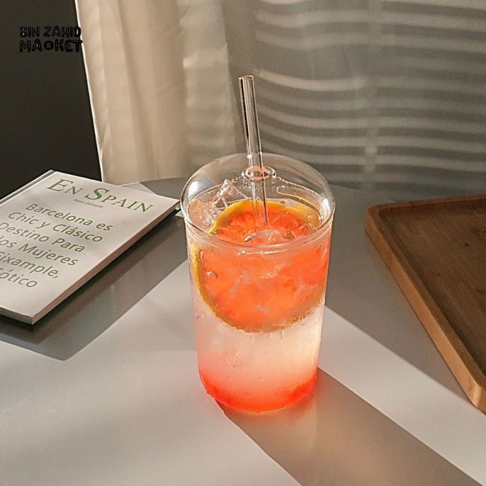CLEAR GLASS CUP WITH LID & STRAW 450ML FOR JUICE WATER & ICED COFFEE