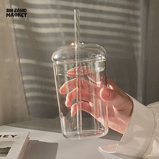 CLEAR GLASS CUP WITH LID & STRAW 450ML FOR JUICE WATER & ICED COFFEE