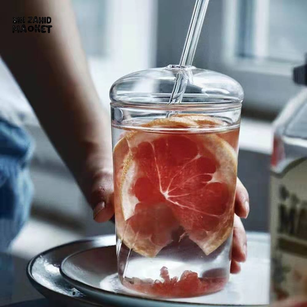 CLEAR GLASS CUP WITH LID & STRAW 450ML FOR JUICE WATER & ICED COFFEE