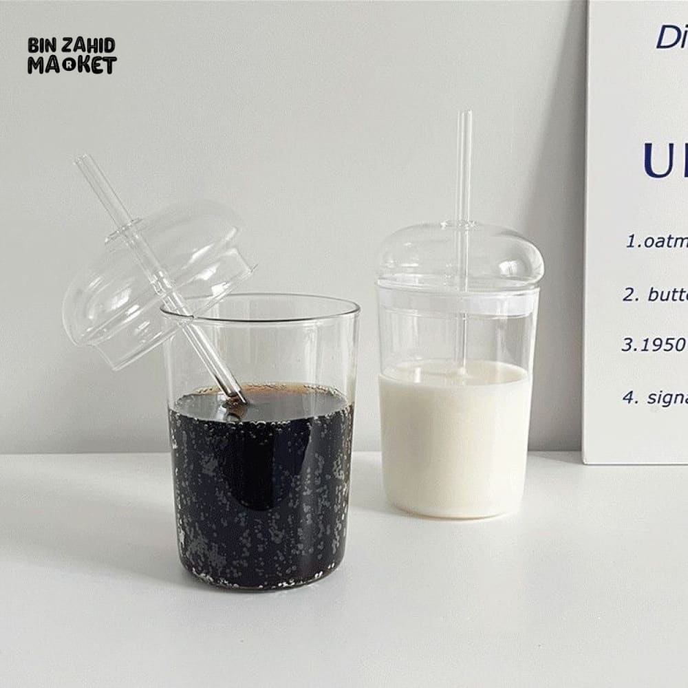 CLEAR GLASS CUP WITH LID & STRAW 450ML FOR JUICE WATER & ICED COFFEE