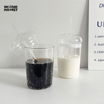 CLEAR GLASS CUP WITH LID & STRAW 450ML FOR JUICE WATER & ICED COFFEE