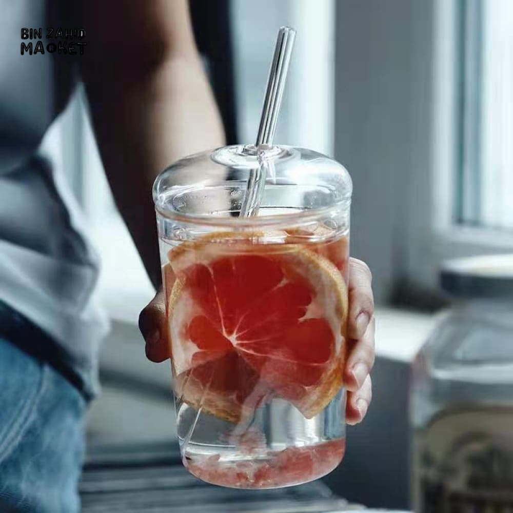 CLEAR GLASS CUP WITH LID & STRAW 450ML FOR JUICE WATER & ICED COFFEE