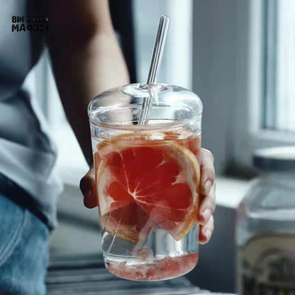 CLEAR GLASS CUP WITH LID & STRAW 450ML FOR JUICE WATER & ICED COFFEE