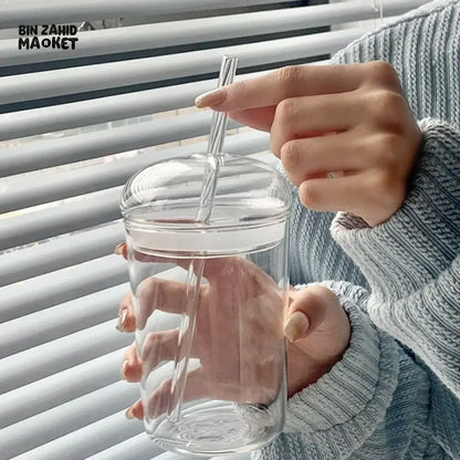 CLEAR GLASS CUP WITH LID & STRAW 450ML FOR JUICE WATER & ICED COFFEE