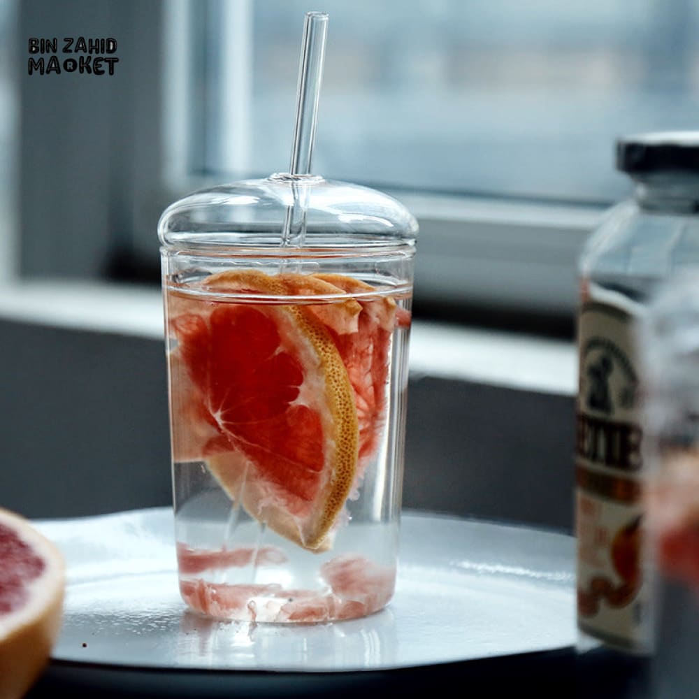 CLEAR GLASS CUP WITH LID & STRAW 450ML FOR JUICE WATER & ICED COFFEE