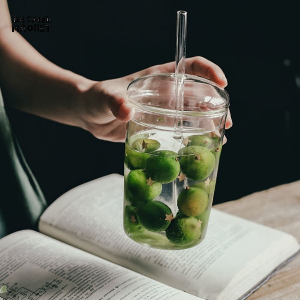 CLEAR GLASS CUP WITH LID & STRAW 450ML FOR JUICE WATER & ICED COFFEE
