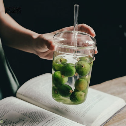 CLEAR GLASS CUP WITH LID & STRAW 450ML FOR JUICE WATER & ICED COFFEE