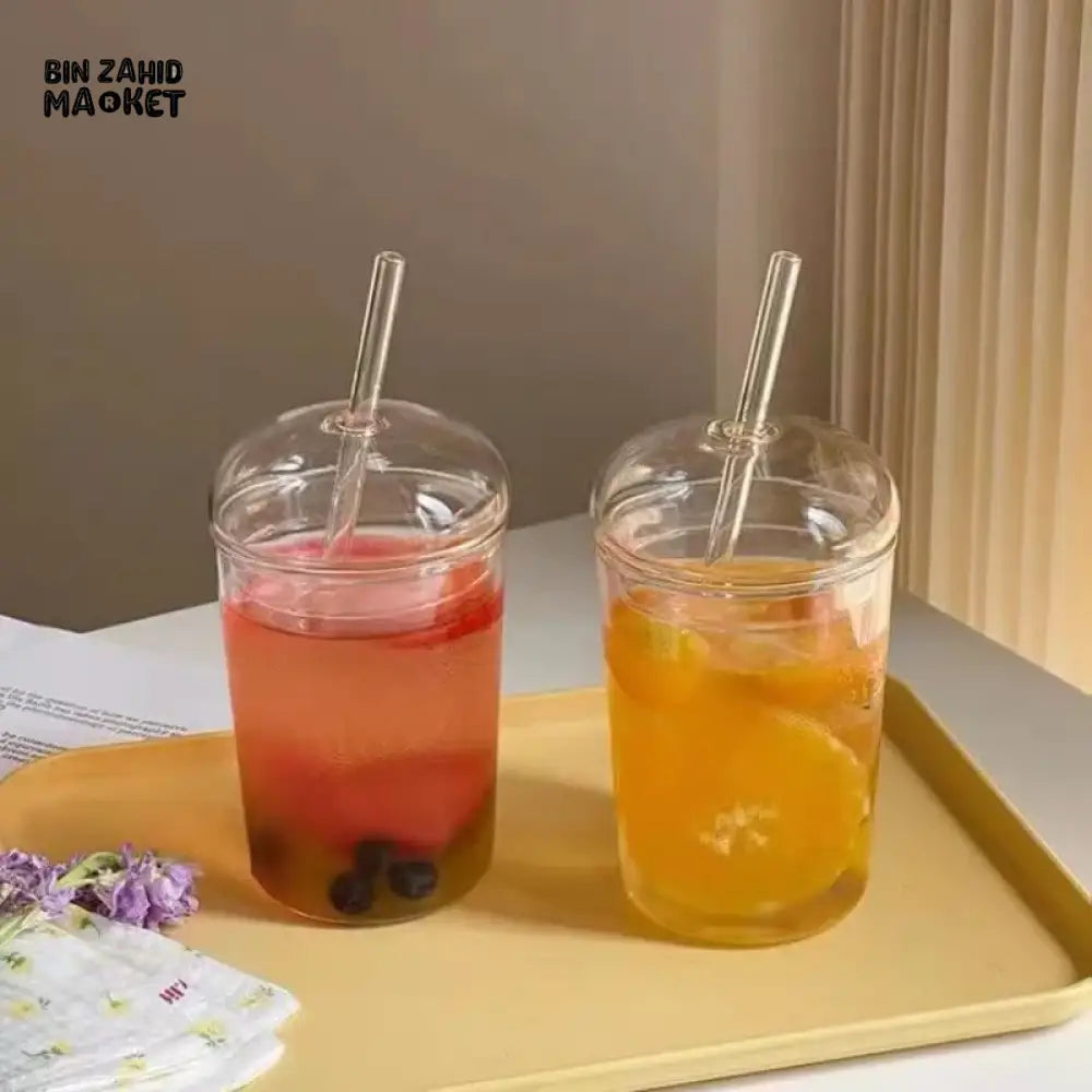 CLEAR GLASS CUP WITH LID & STRAW 450ML FOR JUICE WATER & ICED COFFEE