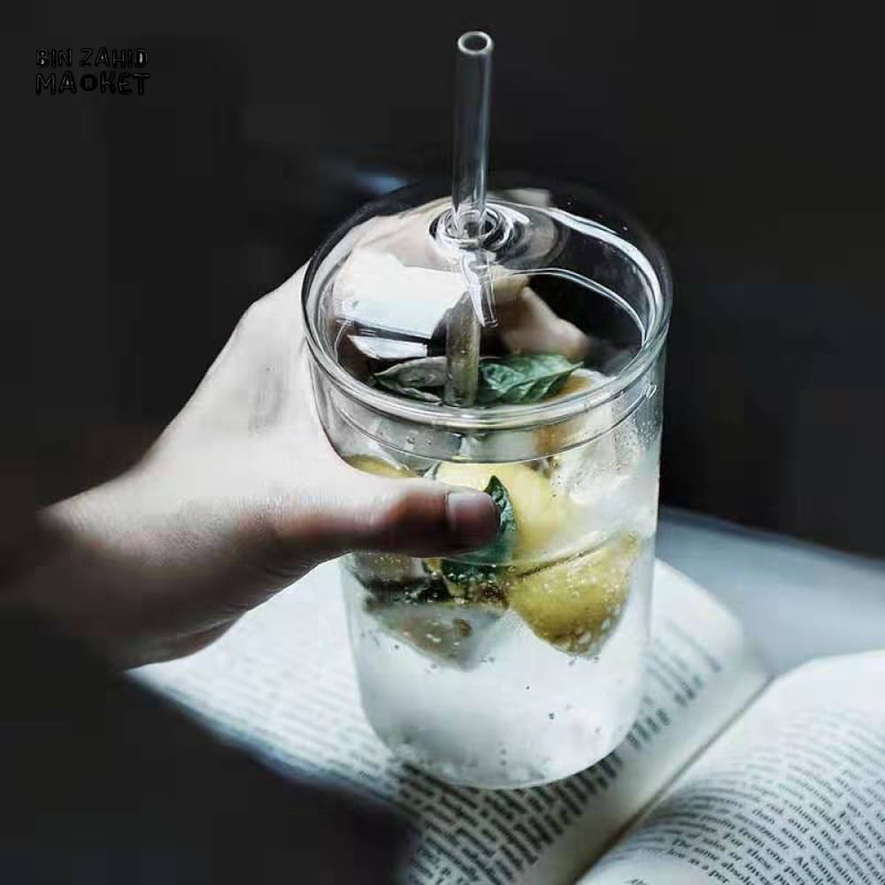 CLEAR GLASS CUP WITH LID & STRAW 450ML FOR JUICE WATER & ICED COFFEE
