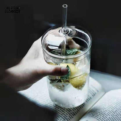 CLEAR GLASS CUP WITH LID & STRAW 450ML FOR JUICE WATER & ICED COFFEE