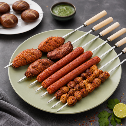 REUSABLE FLAT BBQ SKEWERS SET WITH WOODEN HANDLE  29CM PACK OF 6