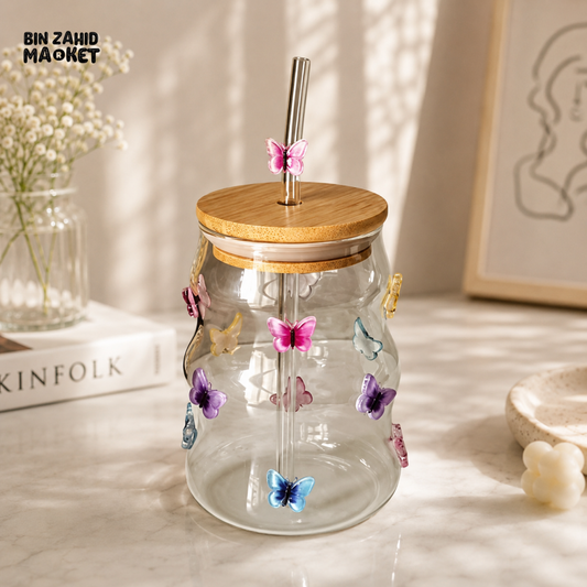 GLASSIUM BUTTERFLY GLASS STRAW MUG WITH STRAW 450ML