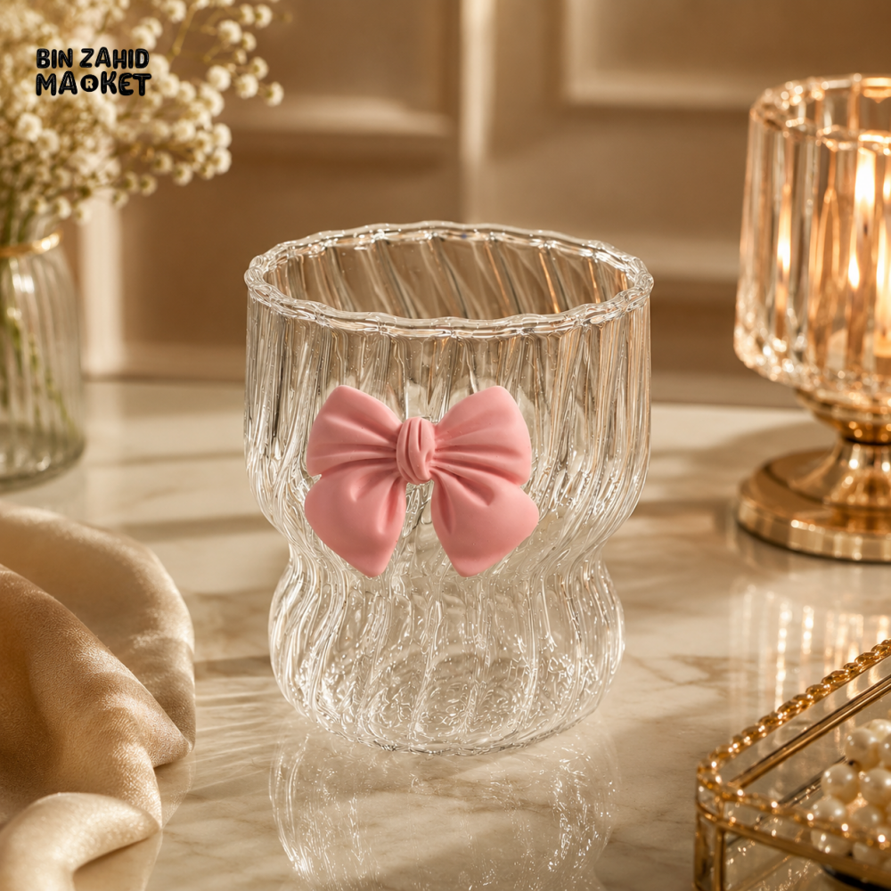 GLASSLUX ELEGANT RIBBED GLASS BOW CUP – LUXURY AESTHETIC DRINKING TUMBLER