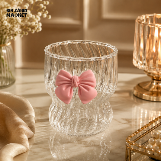 GLASSLUX ELEGANT RIBBED GLASS BOW CUP – LUXURY AESTHETIC DRINKING TUMBLER