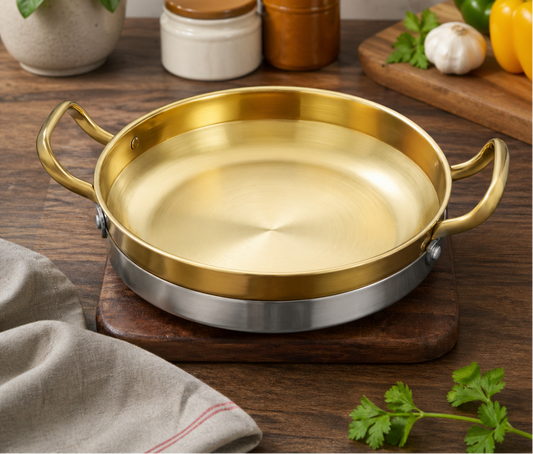 GOLDLUXA CHINA GOLDEN SPANISH PAELLA PAN PREMIUM STAINLESS STEEL NON-STICK SEAFOOD COOKING PAN WITH DOUBLE HANDLES 24 CM