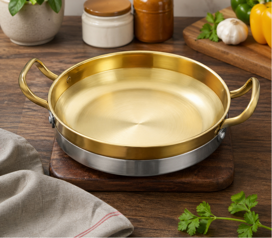 GOLDLUXA CHINA GOLDEN SPANISH PAELLA PAN PREMIUM STAINLESS STEEL NON-STICK SEAFOOD COOKING PAN WITH DOUBLE HANDLES 26 CM
