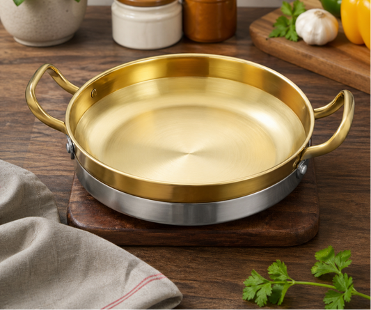 GOLDLUXA CHINA GOLDEN SPANISH PAELLA PAN PREMIUM STAINLESS STEEL NON-STICK SEAFOOD COOKING PAN WITH DUAL HANDLES 28 CM