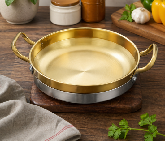 GOLDLUXA CHINA GOLDEN SPANISH PAELLA PAN PREMIUM STAINLESS STEEL NON-STICK SEAFOOD COOKING PAN WITH DUAL HANDLES 30 CM