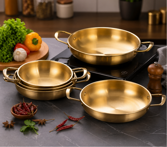 GOLDLUXA CHINA WOK GOLDEN PREMIUM STAINLESS STEEL DOUBLE HANDLE MULTIPURPOSE COOKING & SERVING KARAHI 22 CM