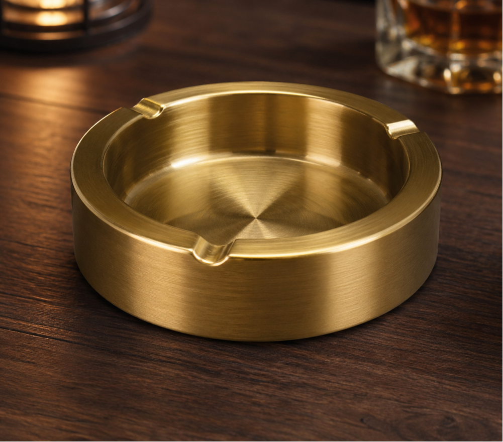 GOLDLUXA GOLDEN BRASS METAL ASHTRAY #7-25 PREMIUM ROUND CIGARETTE & CIGAR HOLDER HEAVY DUTY LUXURY TABLETOP ASH TRAY 9.5CM