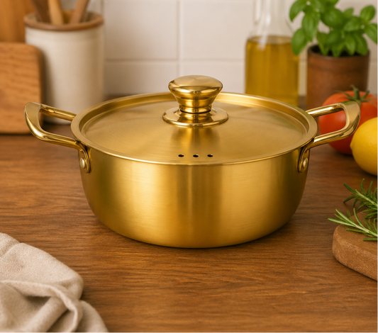 GOLDLUXA GOLDEN POT PLAIN WITH LID PREMIUM STAINLESS STEEL COOKING CASSEROLE DOUBLE HANDLE KITCHEN COOKWARE 18 CM