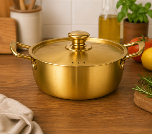 GOLDLUXA GOLDEN POT PLAIN WITH LID PREMIUM STAINLESS STEEL COOKING CASSEROLE DOUBLE HANDLE KITCHEN COOKWARE 22 CM