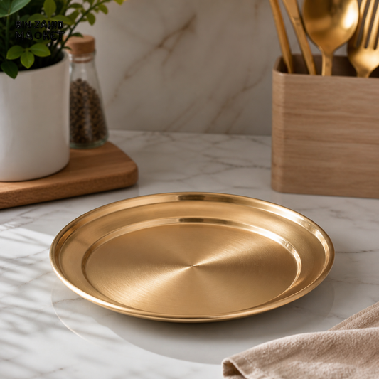 GOLDLUXA GOLDEN ROUND SERVING TRAY PREMIUM METAL DINING PLATE 23 CM
