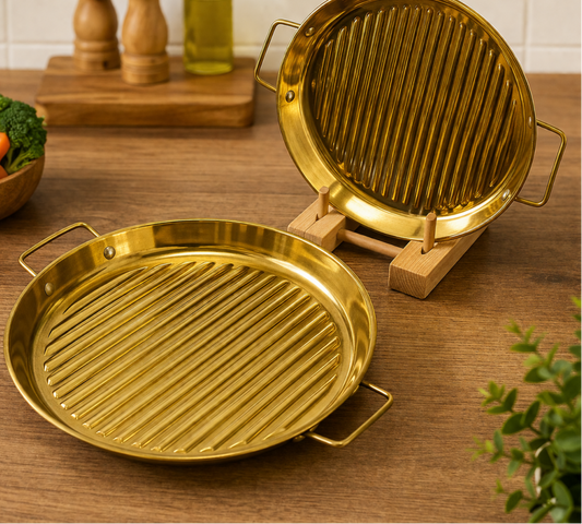GOLDLUXA GOLDEN STEAK STYLE GRILL PLATTER RIBBED METAL SERVING STEAK PLATE PREMIUM KITCHEN COOKWARE 7.5 INCH