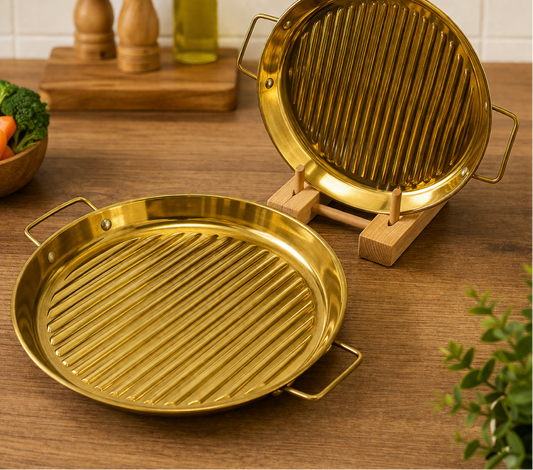 GOLDLUXA GOLDEN STEAK STYLE GRILL PLATTER RIBBED METAL SERVING STEAK PLATE PREMIUM KITCHEN COOKWARE 8.5 INCH