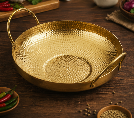 GOLDLUXA HAMMERED WOK GOLDEN BRASS KADHAI DOUBLE HANDLE PREMIUM COOKWARE SERVING PAN 20 CM