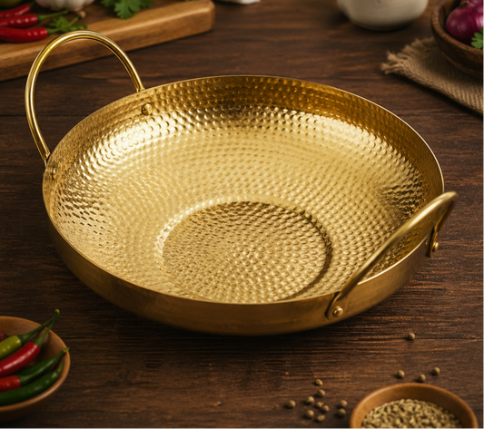 GOLDLUXA HAMMERED WOK GOLDEN BRASS KADHAI DOUBLE HANDLE PREMIUM COOKWARE SERVING PAN 24 CM