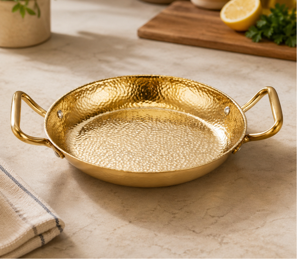 GOLDLUXA NEW GOLDEN PAELLA DEEP PAN DOUBLE HANDLE PREMIUM STAINLESS STEEL COOKWARE FOR GAS & INDUCTION 20 CM