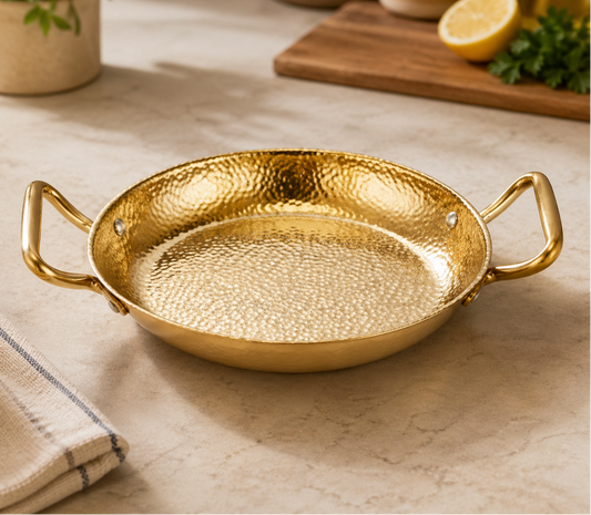 GOLDLUXA NEW GOLDEN PAELLA DEEP PAN DOUBLE HANDLE PREMIUM STAINLESS STEEL COOKWARE FOR GAS & INDUCTION 20 CM
