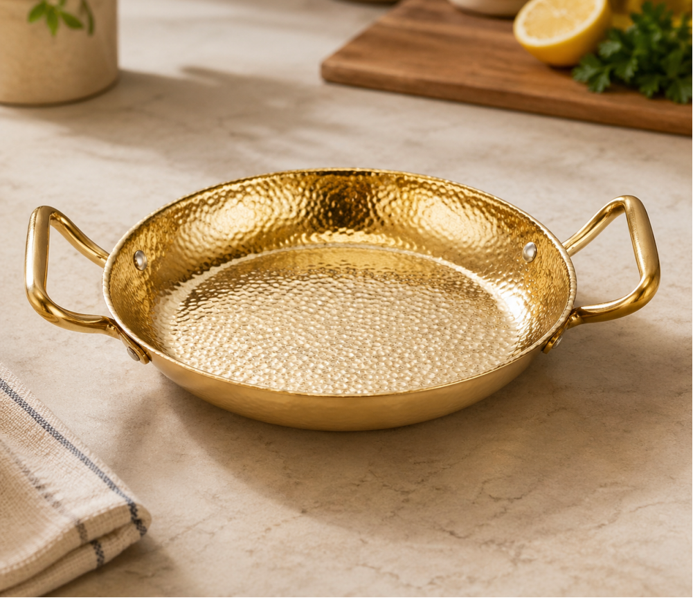 GOLDLUXA NEW GOLDEN PAELLA DEEP PAN DOUBLE HANDLE PREMIUM STAINLESS STEEL COOKWARE FOR GAS & INDUCTION 22 CM