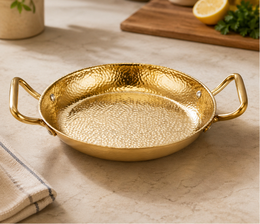 GOLDLUXA NEW GOLDEN PAELLA DEEP PAN DOUBLE HANDLE PREMIUM STAINLESS STEEL COOKWARE FOR GAS & INDUCTION 22 CM