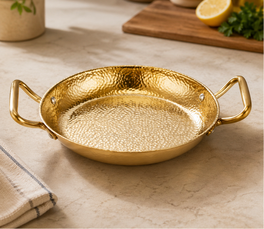 GOLDLUXA NEW GOLDEN PAELLA DEEP PAN DOUBLE HANDLE PREMIUM STAINLESS STEEL COOKWARE FOR GAS & INDUCTION 24 CM