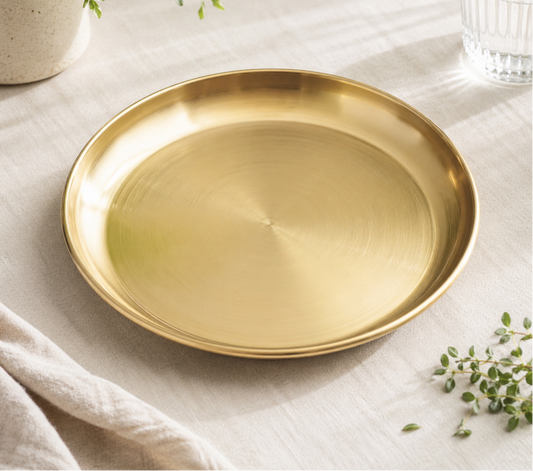 GOLDLUXA PREMIUM ROUND GOLD METAL SERVING TRAY – HIGH GLOSS LUXURY FINISH MULTIPURPOSE DINING & DECOR TRAY 55 CM