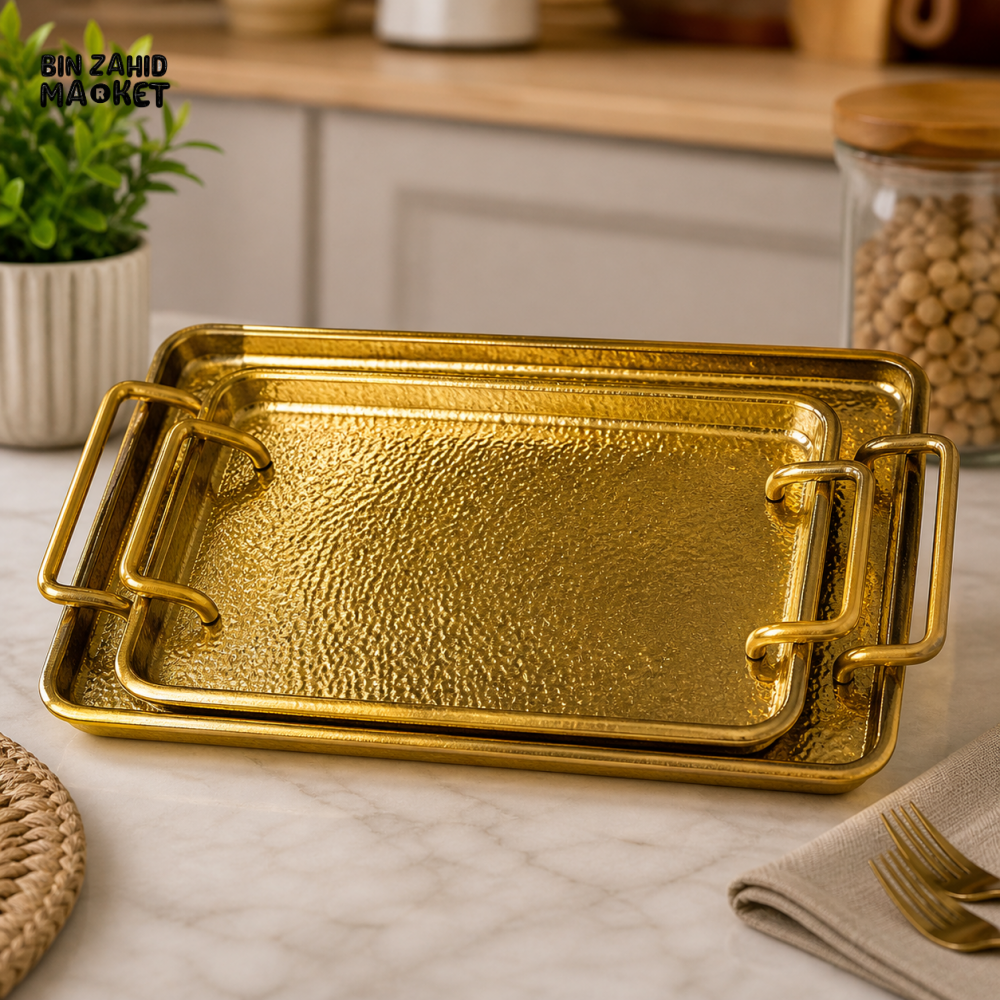 GOLDLUXA RECTANGLE TRAY WITH TEXTURE PREMIUM GOLD METAL SERVING & DECOR TRAY 20 X 34 X 1.5 CM